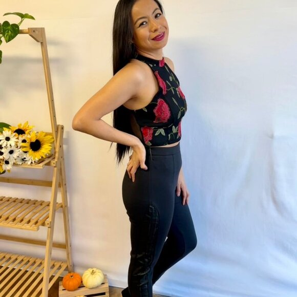 Skinny Dress Pants with Leather Detail - Picture 2 of 6